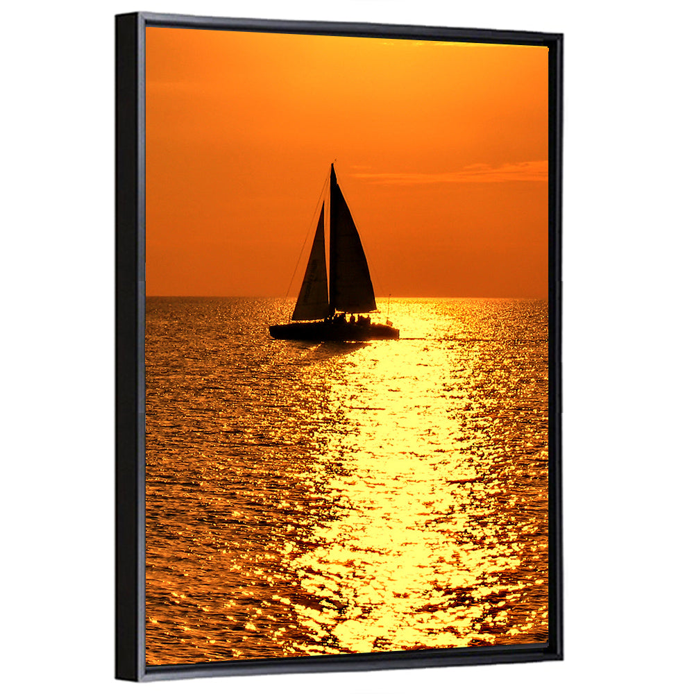 Sailboat Silhouette at Golden Sunset Wall Art