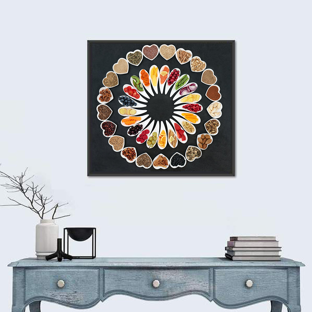 Circular Heart Bowls of Fresh Ingredients Wall Art in a room, square