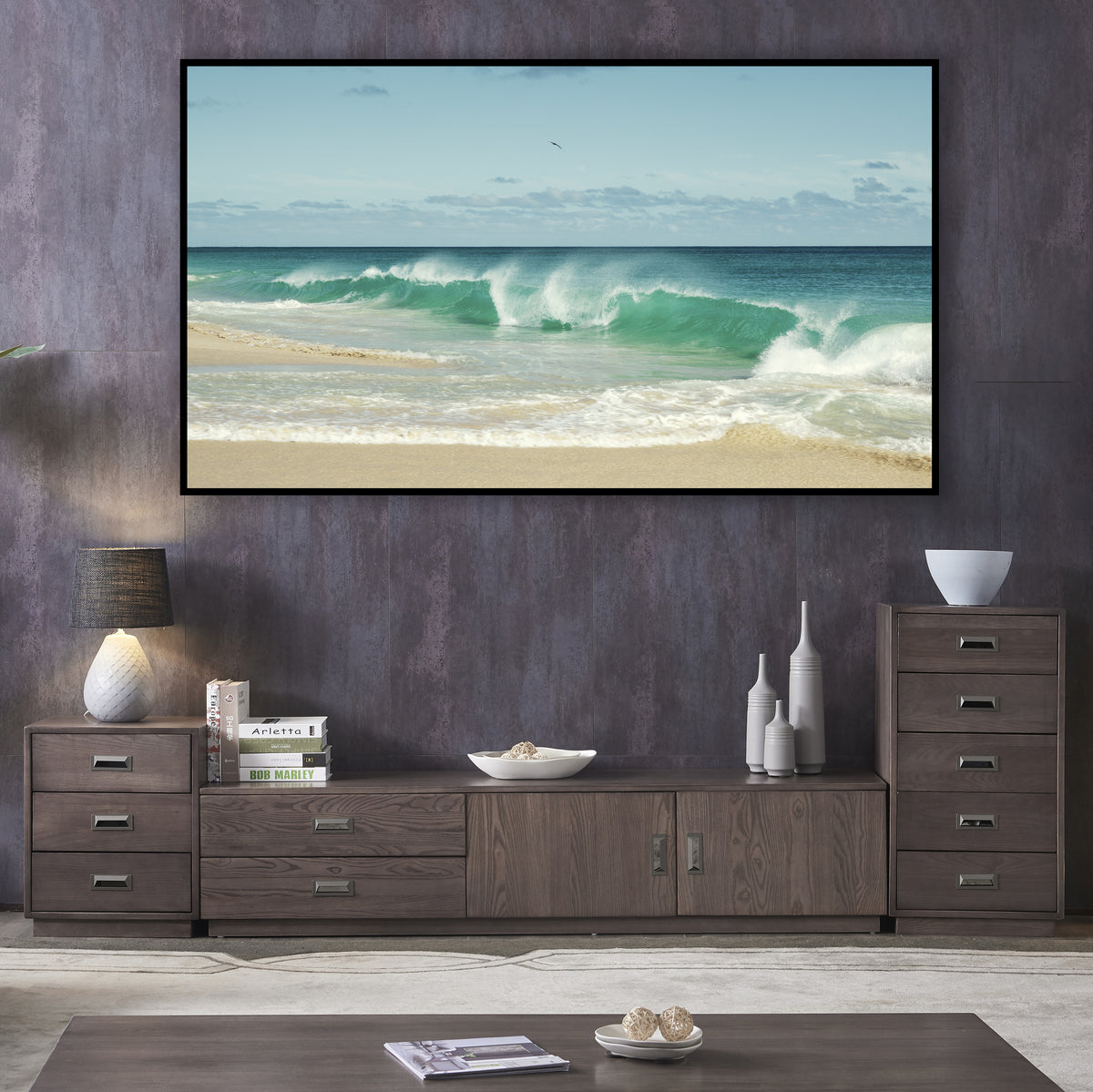 Turquoise Wave on Sandy Beach Wall Art in a room, landscape