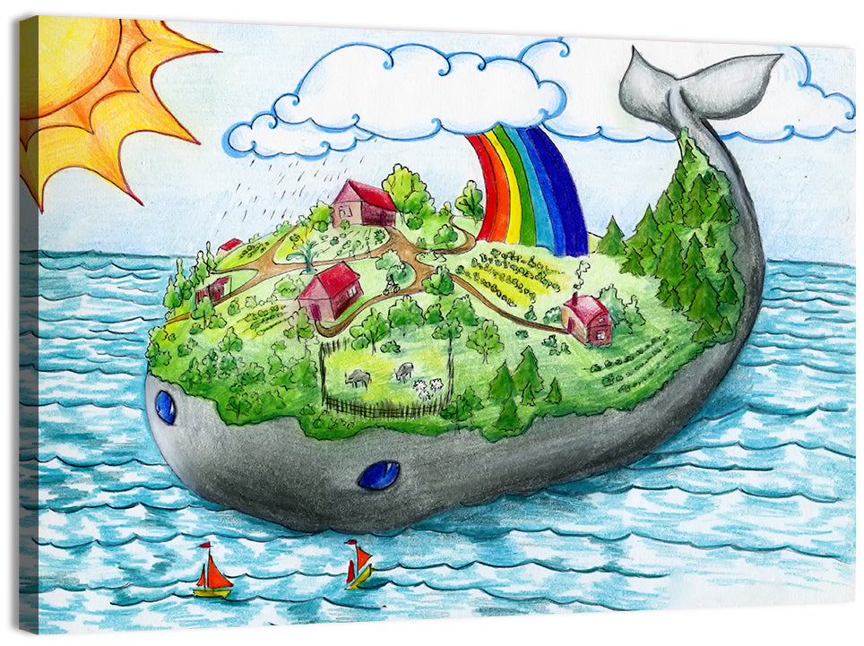 Whale Island Illustration Wall Art, canvas print, landscape