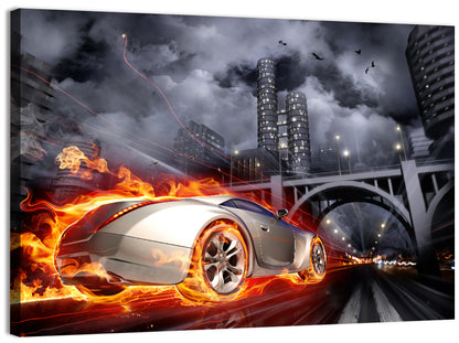 Flaming Sports Car Illustration Wall Art