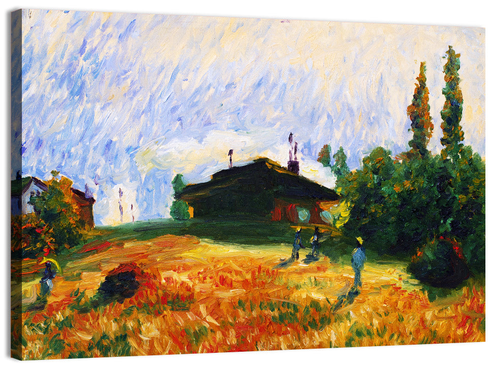 Sunlit Village Field Illustration Wall Art