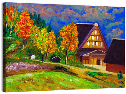 Thatched Cottage Autumn Illustration Wall Art