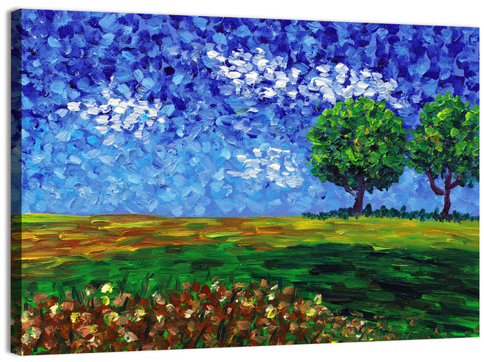 Patchwork Field with Two Trees Wall Art as a canvas print