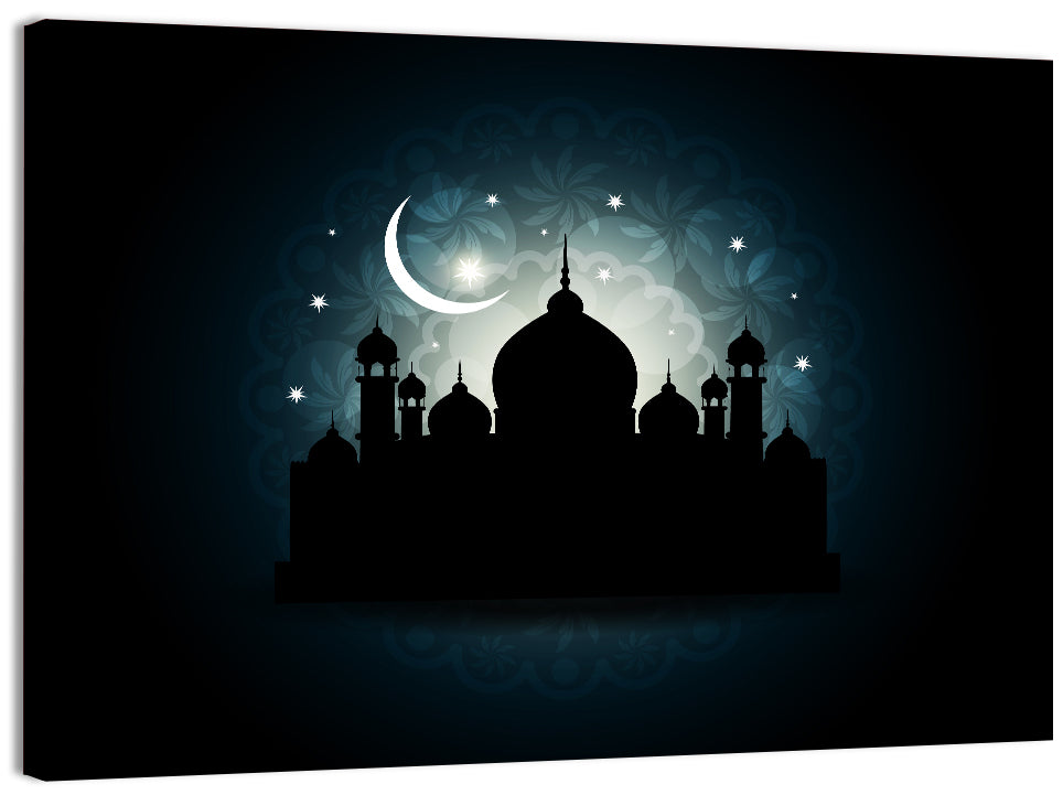 Mosque Silhouette with Crescent Moon Wall Art, canvas print, landscape