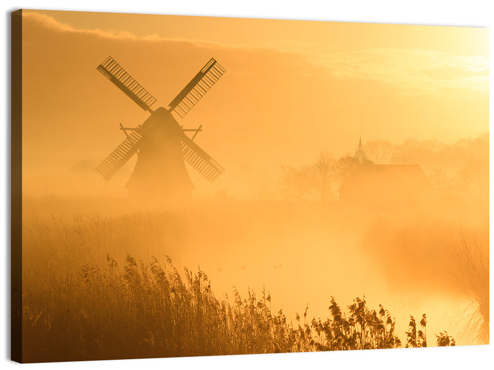 Golden Dutch Windmill Sunrise Wall Art