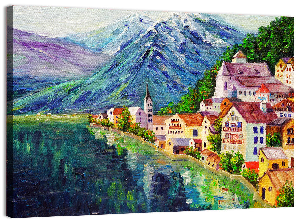 Hallstatt Lakeside Village Illustration Wall Art