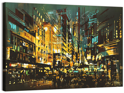 Nocturnal City Street with Golden Lights Wall Art