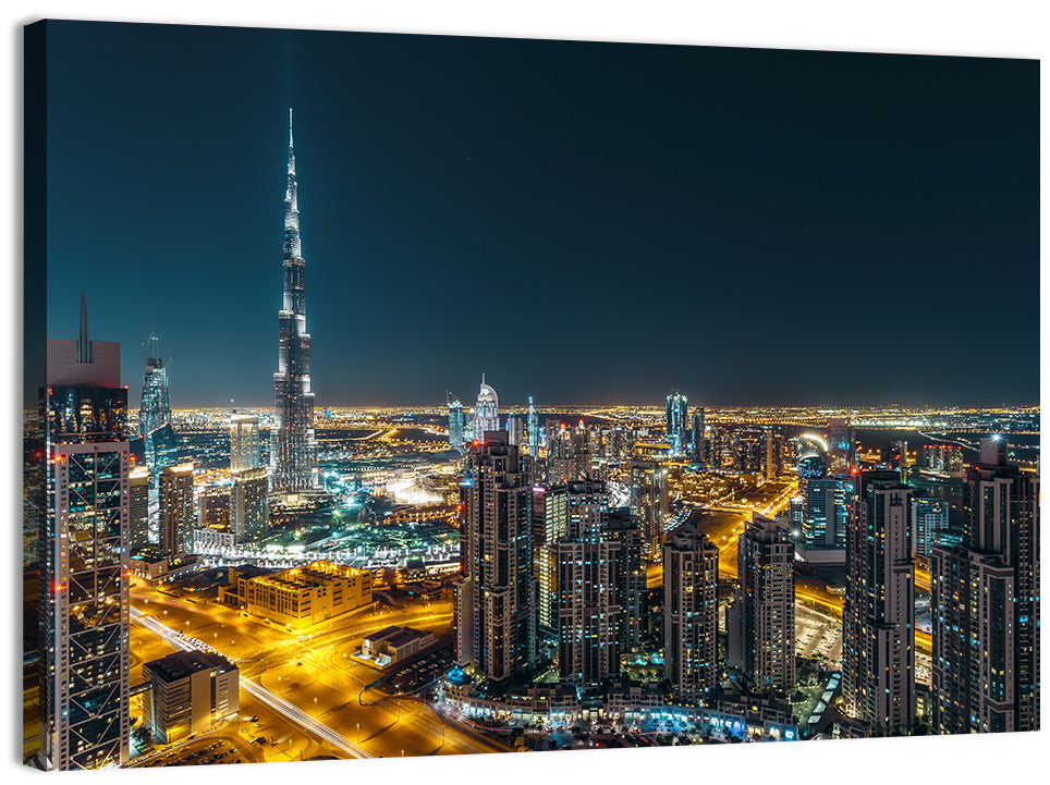 Dubai Night Skyline with Burj Khalifa Wall Art, canvas print, landscape