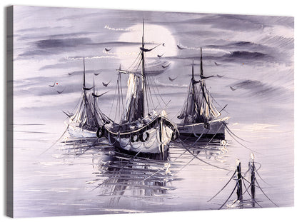 Moonlit Harbor Sailboats Wall Art