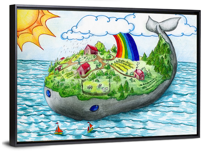Whale Island Illustration Wall Art as a framed canvas