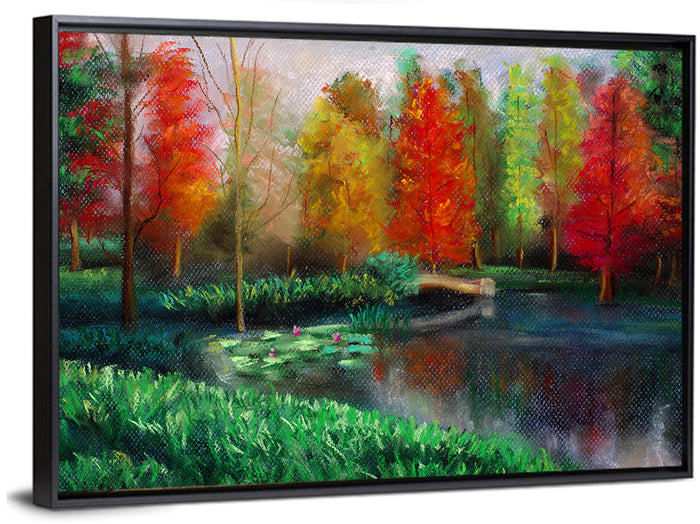Autumn Pond with Water Lilies Wall Art as a framed canvas