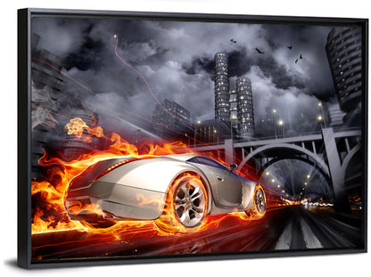Flaming Sports Car Illustration Wall Art
