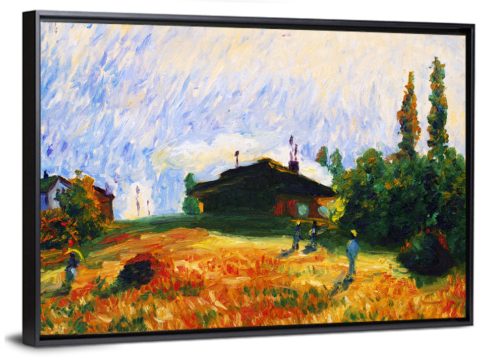 Sunlit Village Field Illustration Wall Art