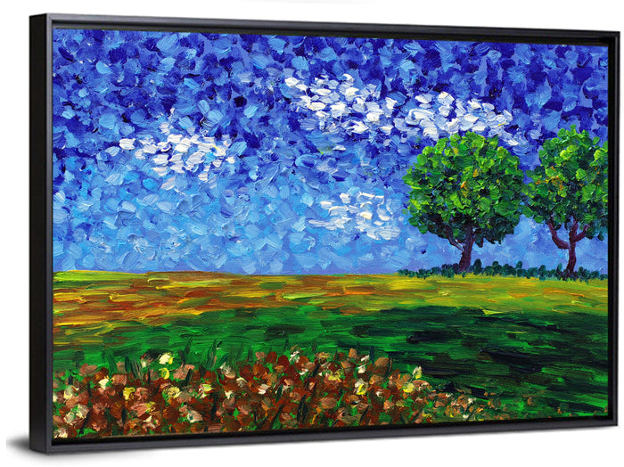 Patchwork Field with Two Trees Wall Art as a framed canvas