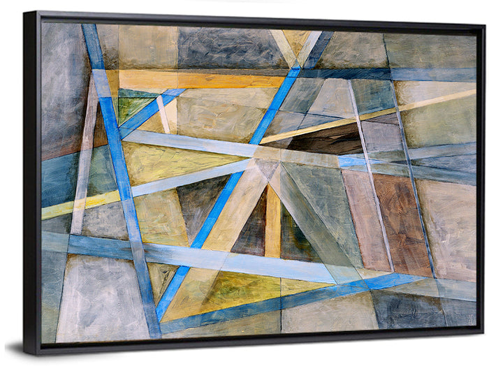 Blue and Gold Geometric Abstraction Wall Art as a framed canvas