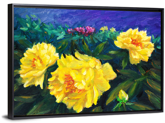 Yellow Peony Close-up Wall Art as a framed canvas