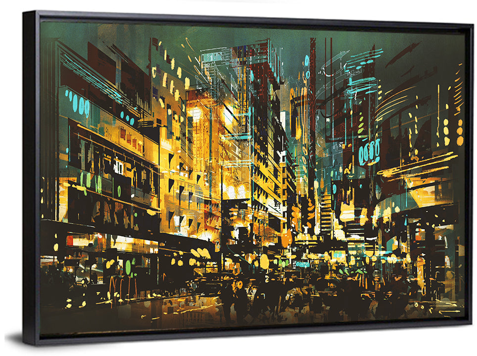 Nocturnal City Street with Golden Lights Wall Art