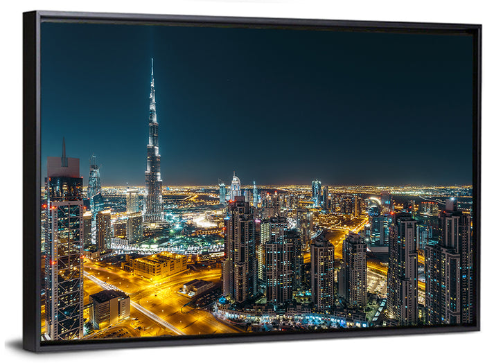 Dubai Night Skyline with Burj Khalifa Wall Art as a framed canvas