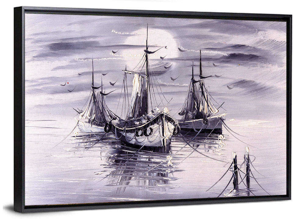 Moonlit Harbor Sailboats Wall Art
