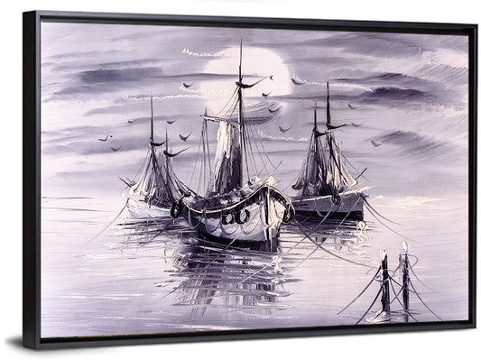 Moonlit Harbor Sailboats Wall Art