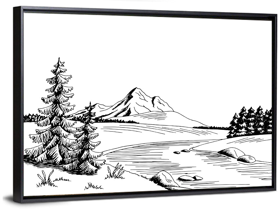 Pine, Peak and River Line Wall Art