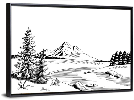 Pine, Peak and River Line Wall Art