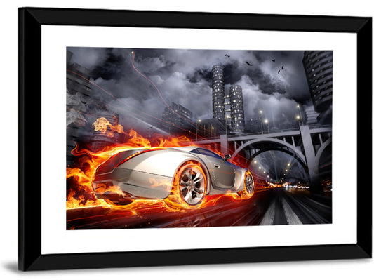 Flaming Sports Car Illustration Wall Art