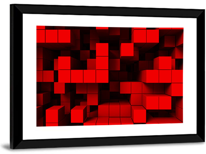 Crimson Cubes Geometric Pattern Wall Art as a framed print