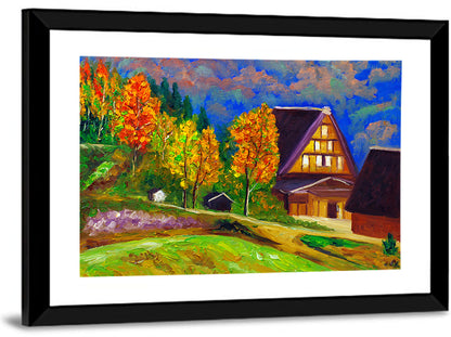 Thatched Cottage Autumn Illustration Wall Art