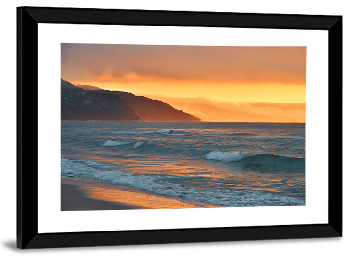 Cliffside Sunset Over Ocean Wall Art as a framed print