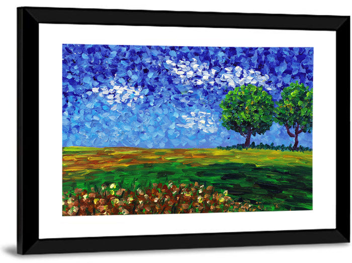 Patchwork Field with Two Trees Wall Art as a framed print