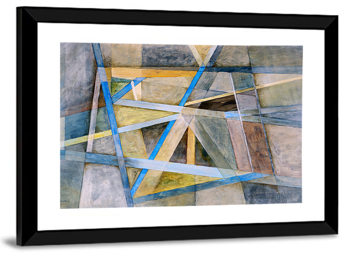 Blue and Gold Geometric Abstraction Wall Art as a framed print