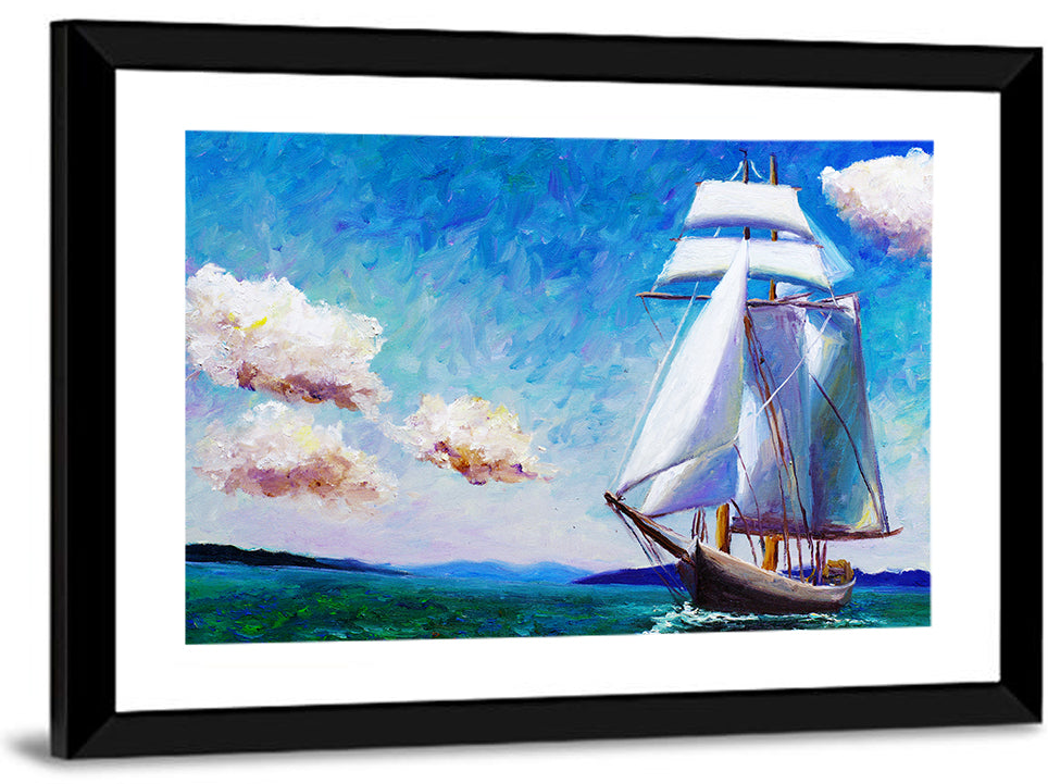 Sailboat with White Sails Seascape Wall Art