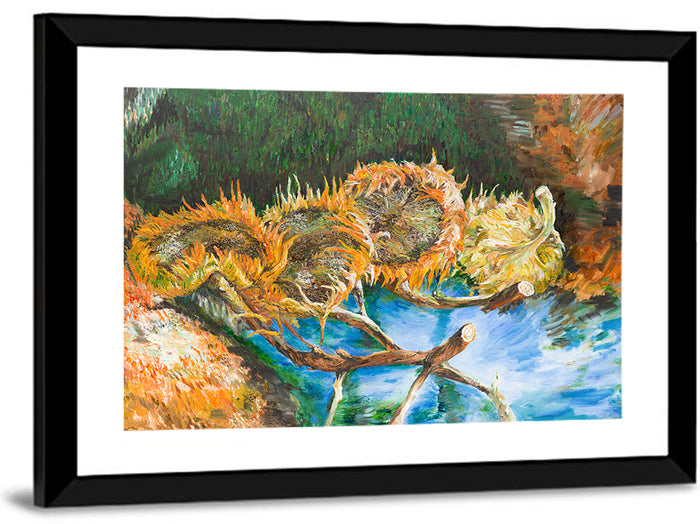Four Sunflowers Over Water Wall Art as a framed print
