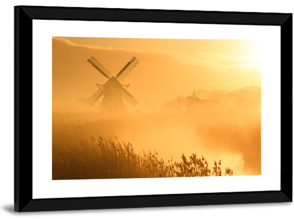 Golden Dutch Windmill Sunrise Wall Art