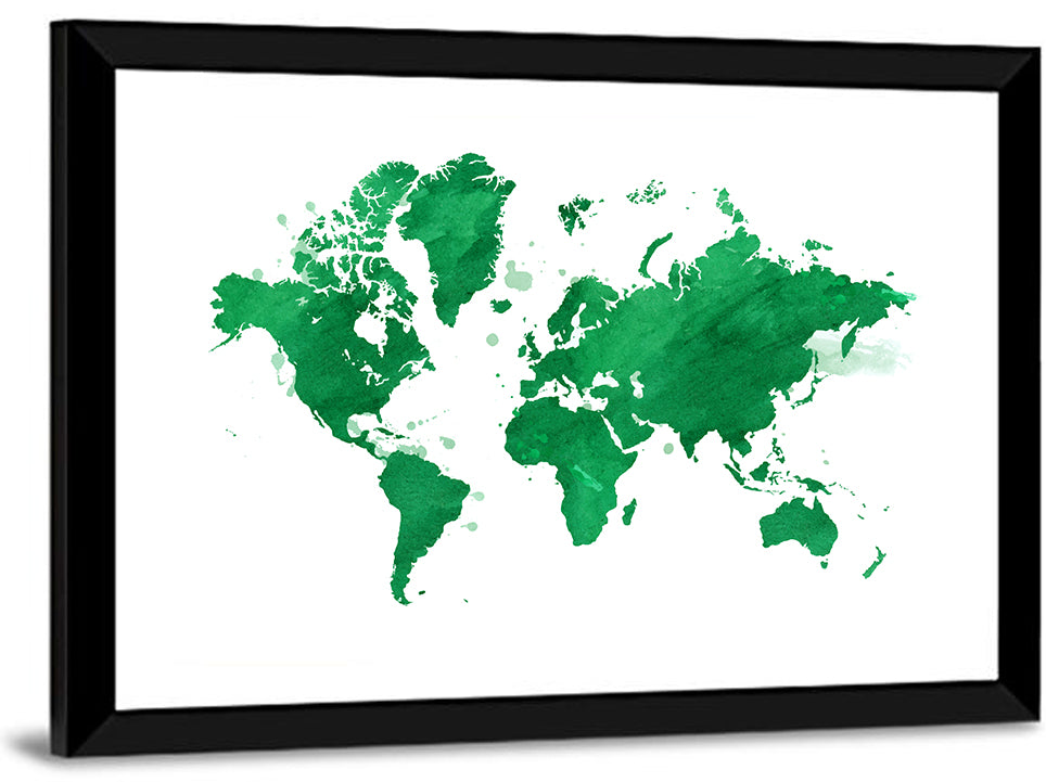 Green Watercolor World Map Wall Art