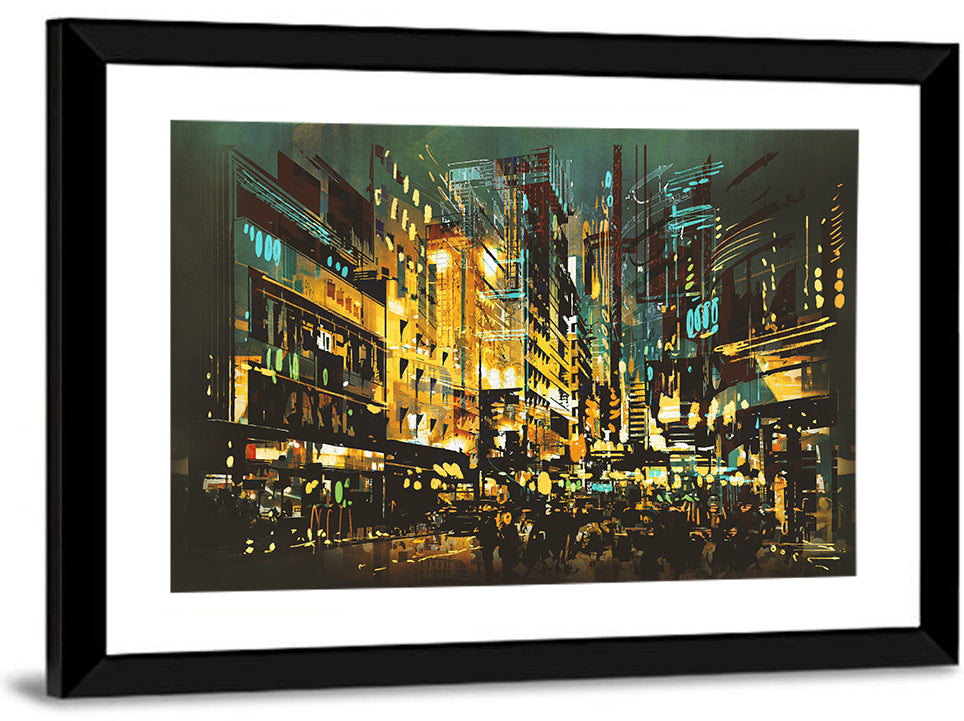 Nocturnal City Street with Golden Lights Wall Art