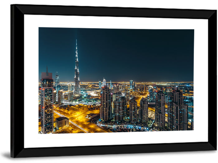 Dubai Night Skyline with Burj Khalifa Wall Art as a framed print