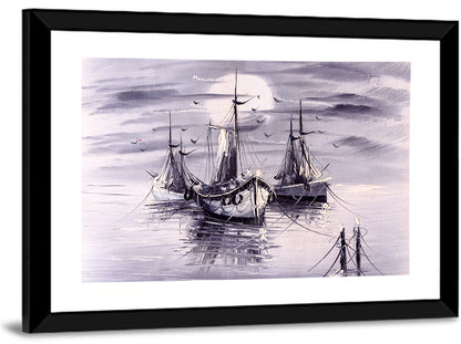 Moonlit Harbor Sailboats Wall Art