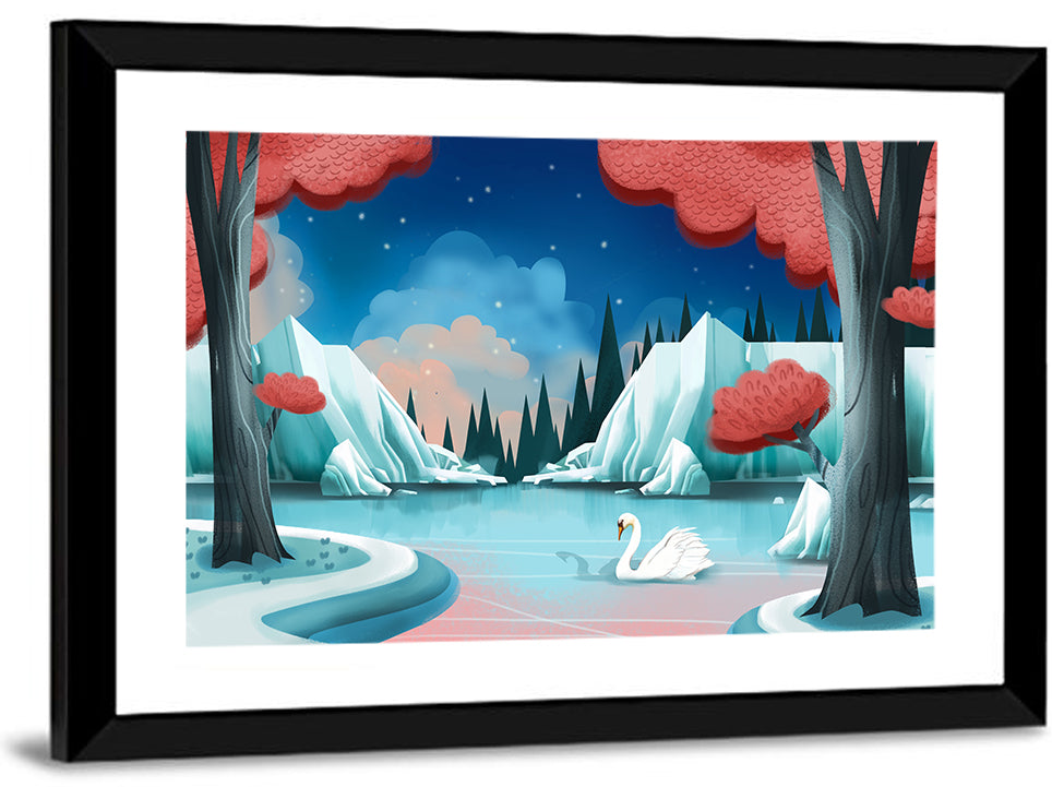 Swan Lake Twilight Illustration Wall Art