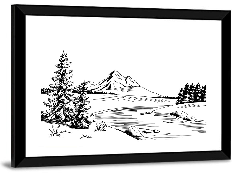 Pine, Peak and River Line Wall Art