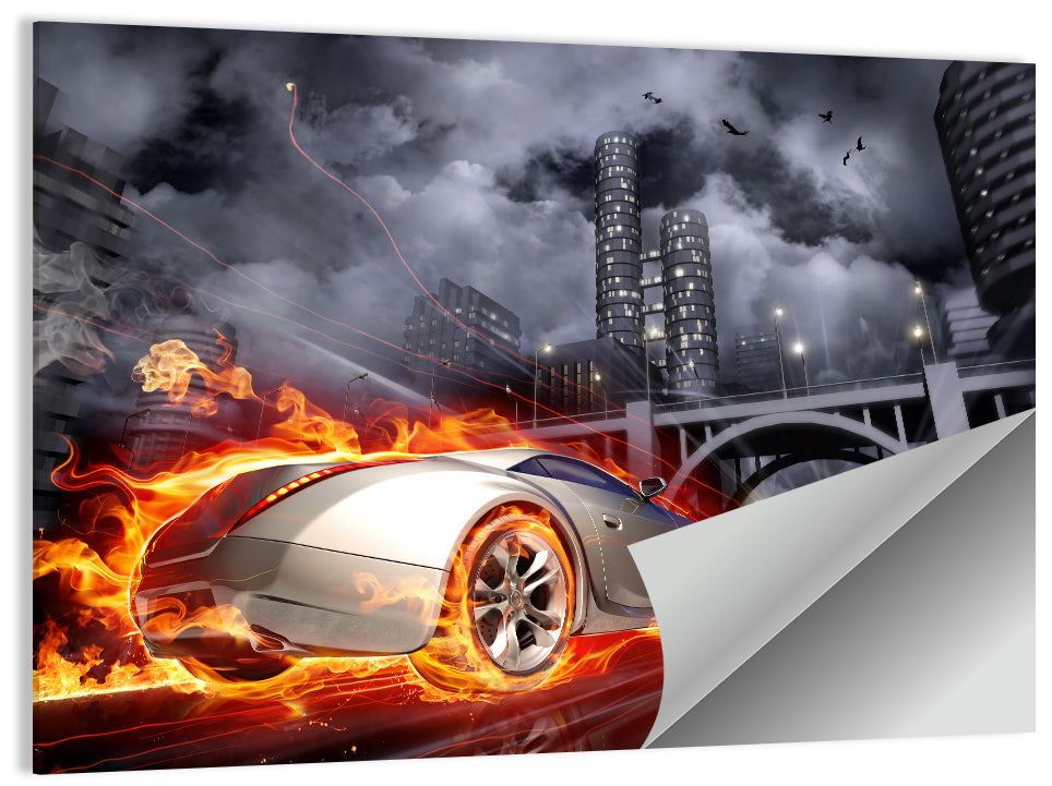Flaming Sports Car Illustration Wall Art
