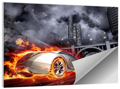 Flaming Sports Car Illustration Wall Art