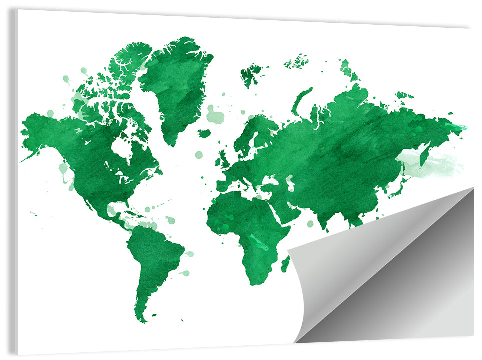 Green Watercolor World Map Wall Art