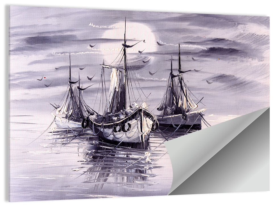 Moonlit Harbor Sailboats Wall Art
