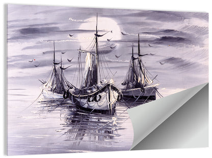 Moonlit Harbor Sailboats Wall Art