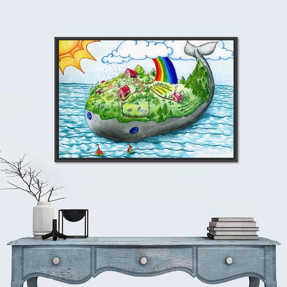 Whale Island Illustration Wall Art in a room, landscape