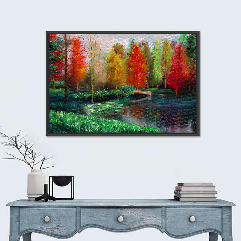 Autumn Pond with Water Lilies Wall Art in a room, landscape