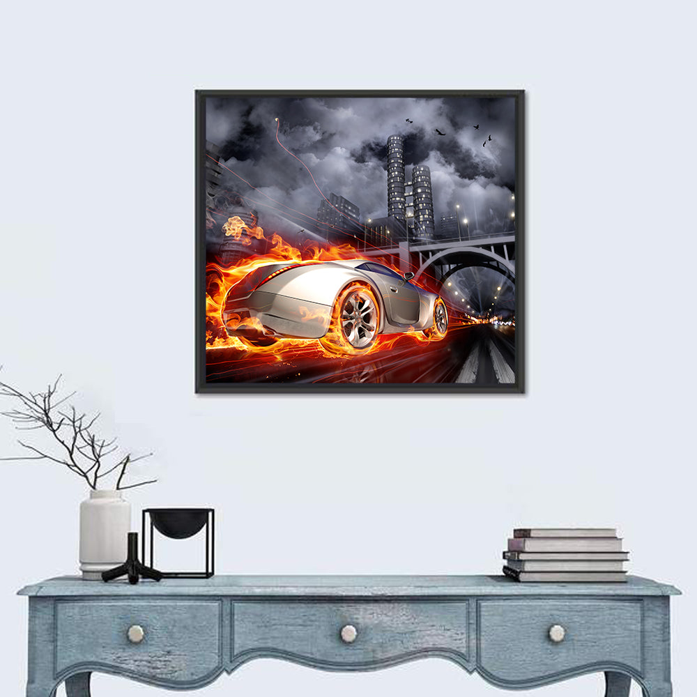 Flaming Sports Car Illustration Wall Art